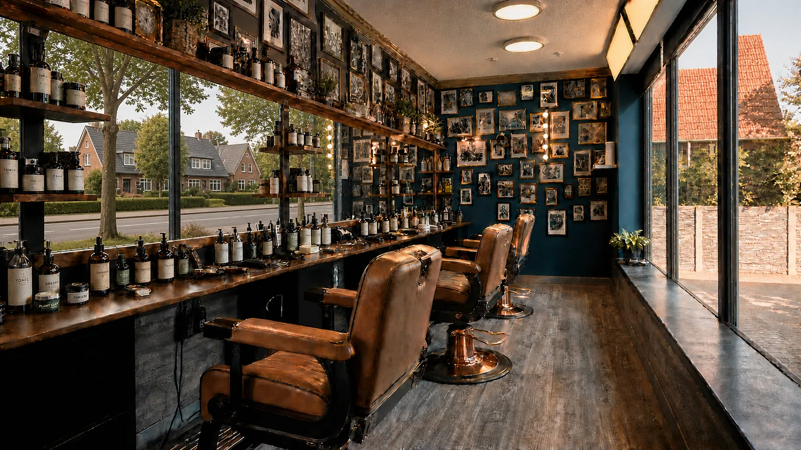Blick durch den Salon: drei Arbeitsplätze mit cognacfarbenen Barbierstühlen an der langen Spiegeltheke, Glasfront und petrolblaue Bilderwand