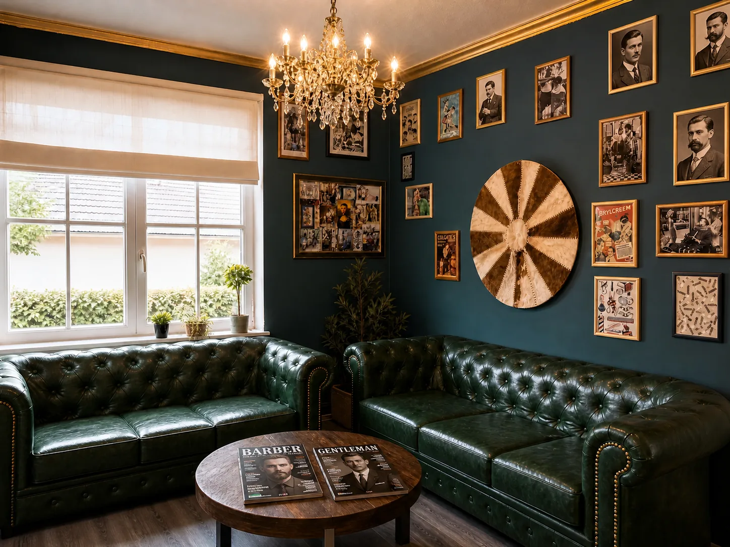 Wartebereich mit dunkelgrünen Chesterfield-Sofas, Kronleuchter und petrolblauer Bilderwand