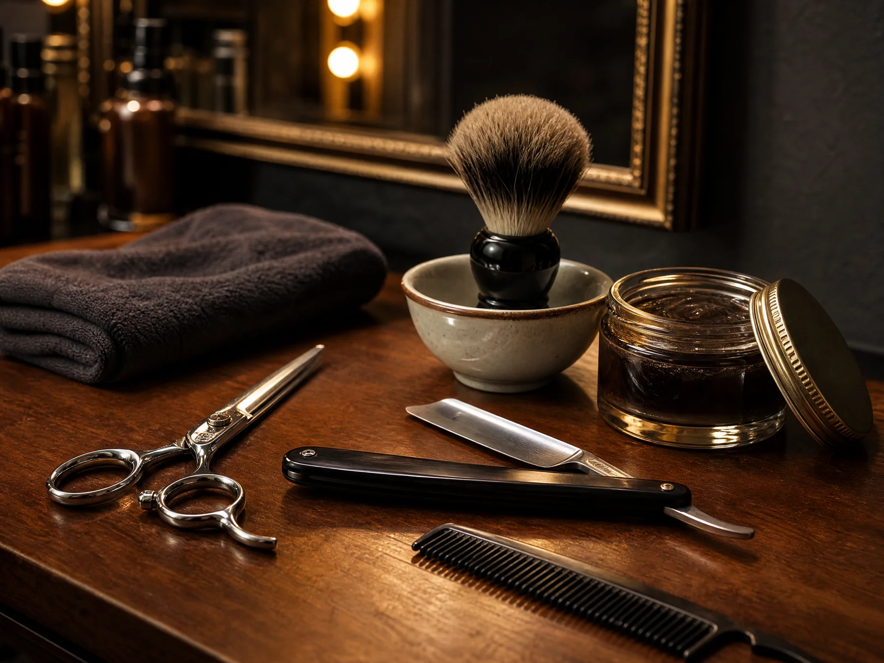 Rasiermesser, Schere, Rasierpinsel und Pomade auf der Holztheke des Salons